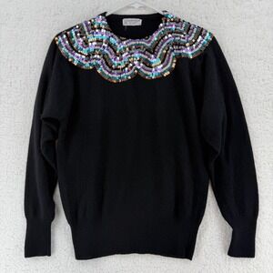 Vintage Ladies Guide Sweater Womens Medium Black Sequin Lambswool Angora 80s